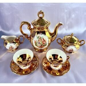 VTG KHM Bavaria Gilded Porcelain Tea Set 9 Pc Gold Courting Couple Rococo